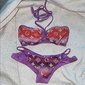 Purple and Red Louis Vittuon Imitation Bikini Set Exotic Dance Wear